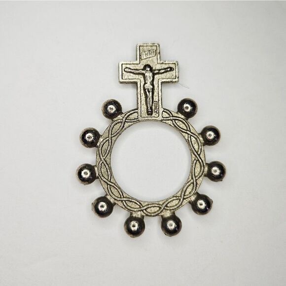 Vintage Italian Pocket Rosary Prayer Ring Crucifix Silver Tone Catholic Cross - Picture 1 of 6